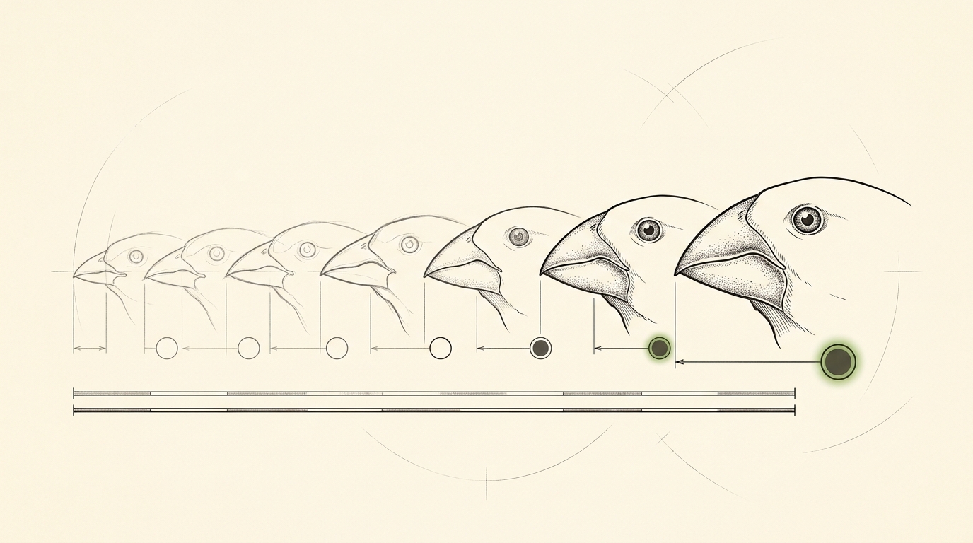 A sequence plate of two Geospiza fortis beak profiles drawn at one common scale, the 2004 parental-generation profile visibly deeper-beaked than the 2005 offspring-generation profile beside it, with a dimension leader marking the difference between them