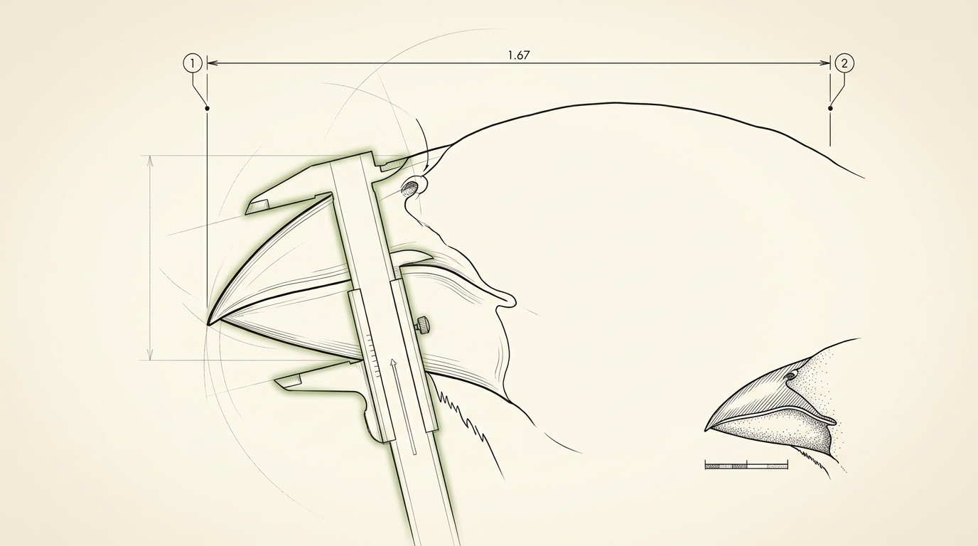A measured record drawing of one Geospiza fortis beak in profile and cross-section, a small spring caliper laid against its depth with dimension leaders marking beak length, depth and width and one landmark still under construction in graphite