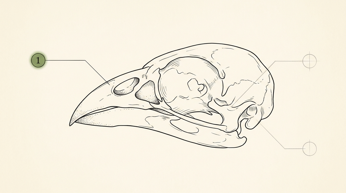 A sparse patent-style figure of one Geospiza fortis skull in lateral profile, numbered part roundels on leader lines marking the premaxillary region and a body-size skeletal landmark, drawn the way a patent drawing numbers the parts of a mechanism