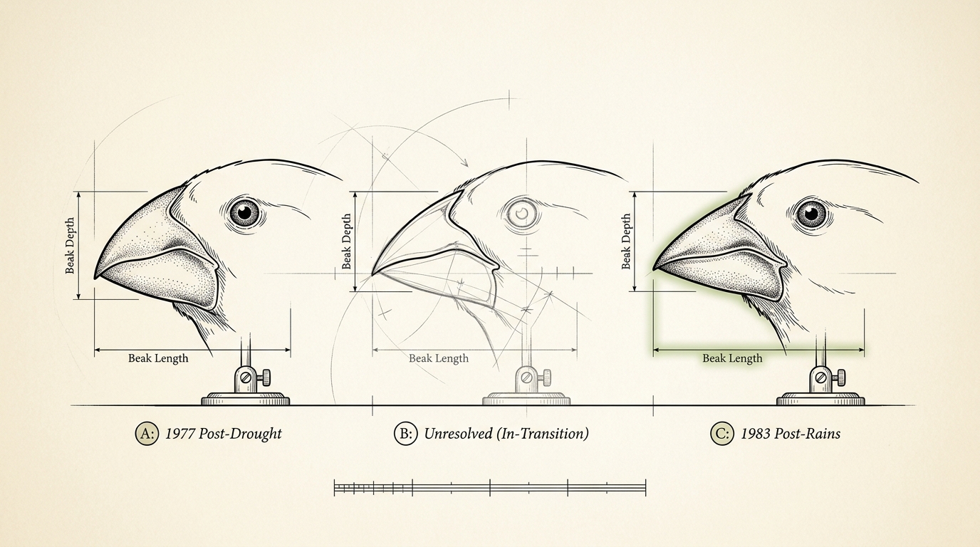 A sequence plate of three Geospiza fortis beak-shape profiles drawn at successive stages from the 1977 drought through the 1983 El Nino, the beak growing more pointed at centre and remaining pointed at right, each stage dimensioned against a shared baseline