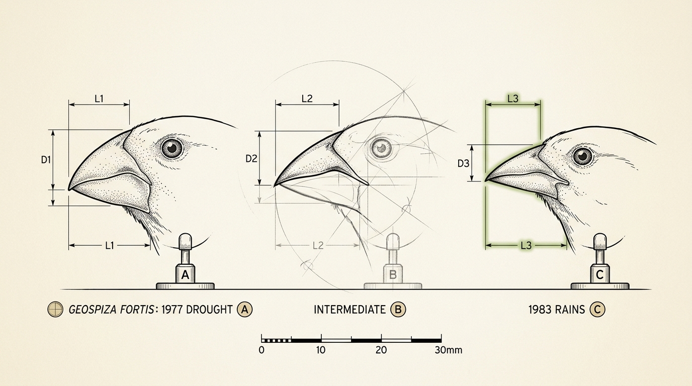 A comparative plate drawing the beak and head of Geospiza fortis and G. magnirostris side by side at one common scale, each engaging a Tribulus cistoides seed mericarp, the magnirostris beak shown cracking its mericarp open and the fortis beak still working at an intact one