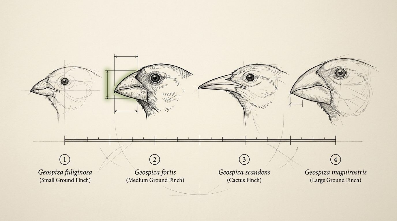 A comparative plate on cream drafting vellum drawing the beaks of four Galapagos ground-finch species, fortis, fuliginosa, scandens and magnirostris, in profile at one common scale with caliper dimension leaders and a shared scale bar