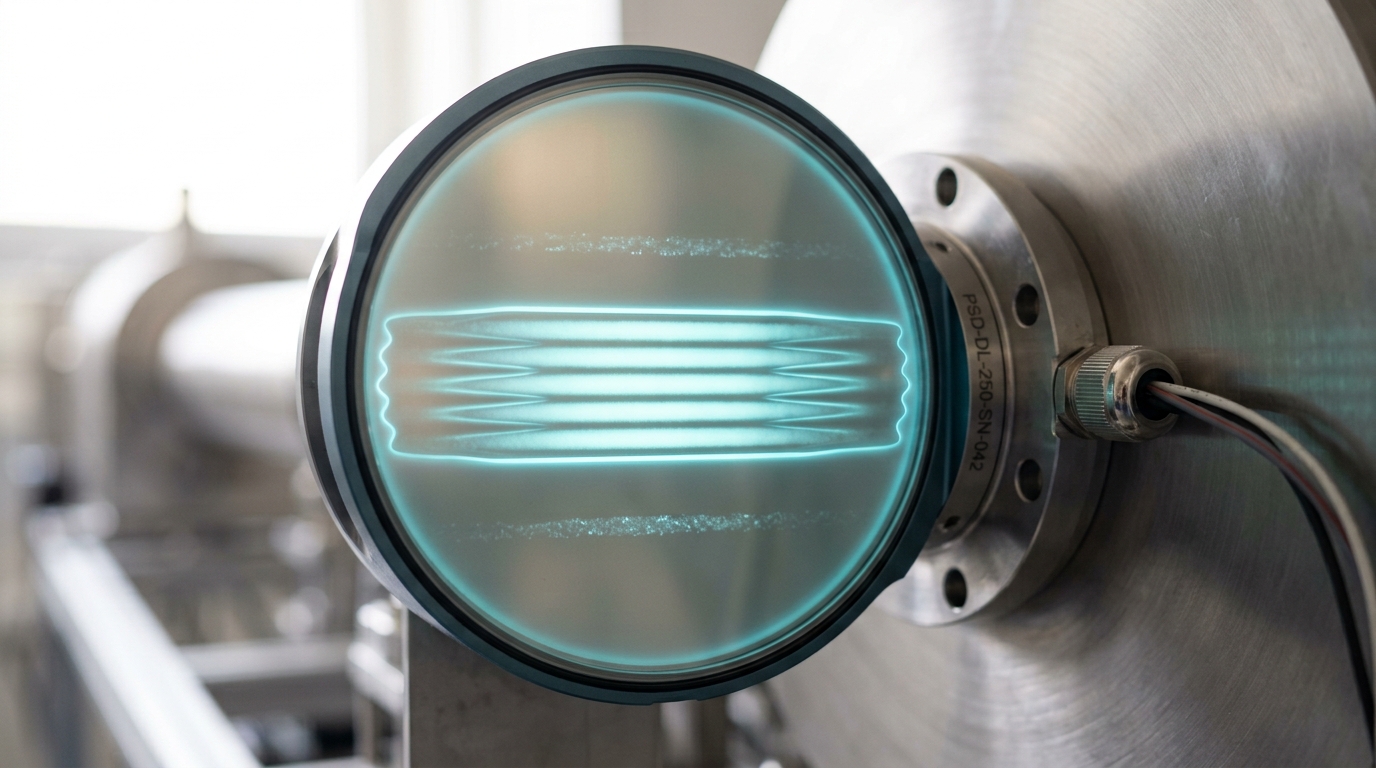 A position-sensitive delay-line detector's phosphor face showing a partially built pattern of bright and dark bands, with the outer bands still faint