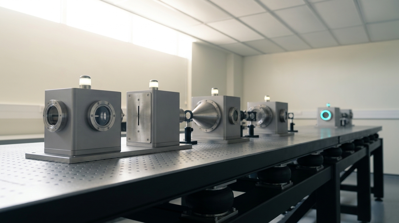 A wide lateral view down the full length of a matter-wave interferometry beamline on its air-leg optical table, from the source through the skimmer and grating chamber to the distant detector