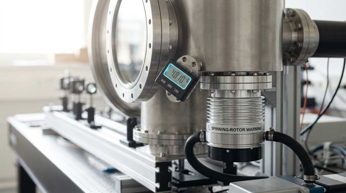 A turbo-molecular pump stack beneath a vacuum chamber, its cold-cathode gauge readout still descending toward base pressure and not yet settled