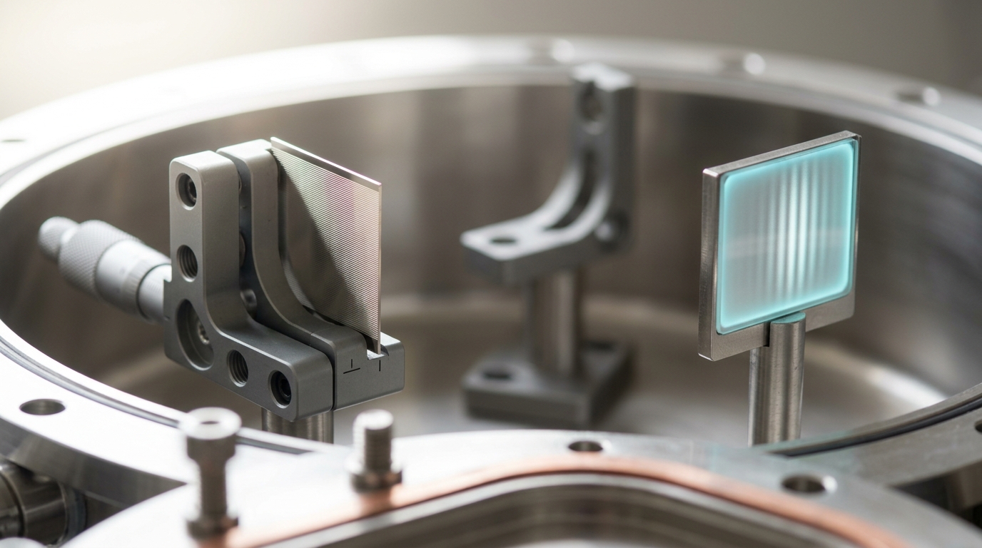 A nanofabricated grating mounted inside an open vacuum chamber, with a downstream phosphor screen showing only a partially built pattern of bright and dim bands