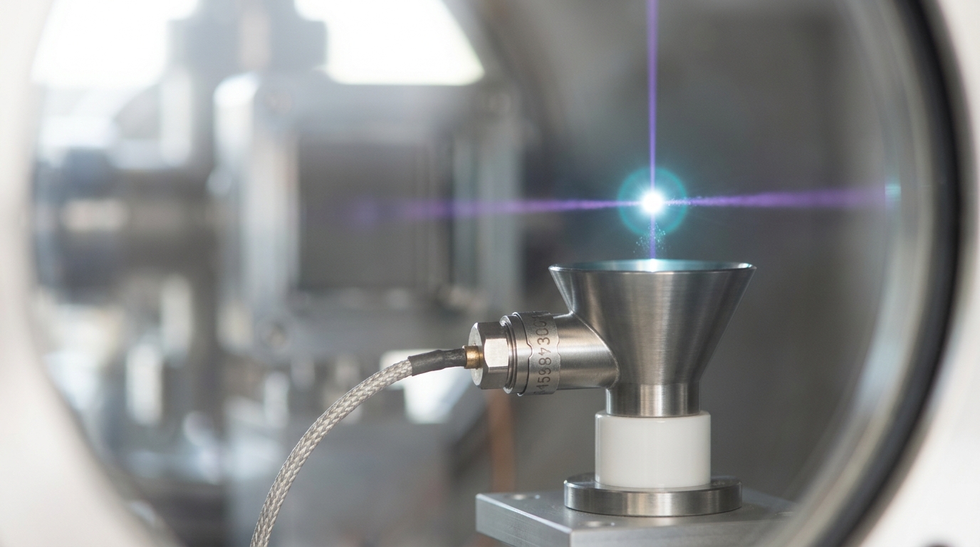 A focused ionization laser meeting a molecular beam just above a channeltron detector cone, with a single bright ionization event caught mid-flash before the resulting ion is drawn down into the detector