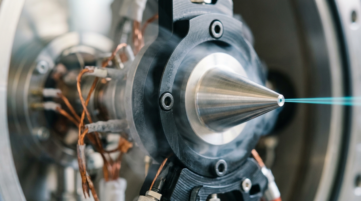 A conical skimmer aperture inside a differential-pumping stage, with a faint haze of scattered vapor around its base and a narrow bright core beam passing untouched through its tip