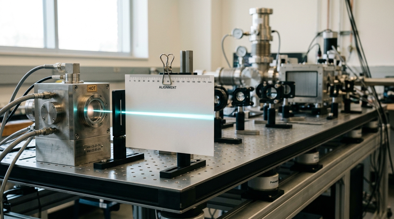 A heated effusion source at the head of a molecular-beam line, its collimating slit throwing a soft bright line onto a white alignment card that is still being lifted clear of the beam path