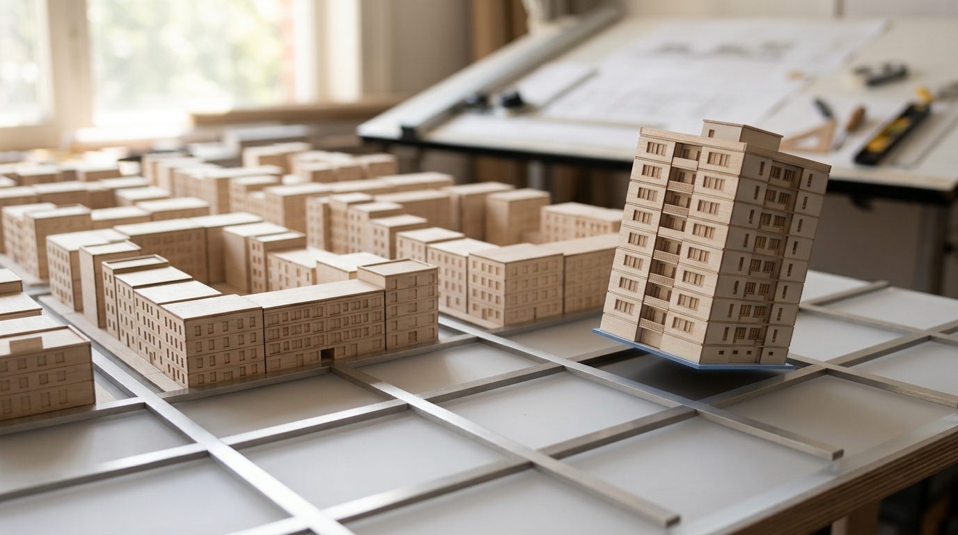 A physical scale-model city block with a housing-density planner's hand tool paused above an unfinished row of building maquettes