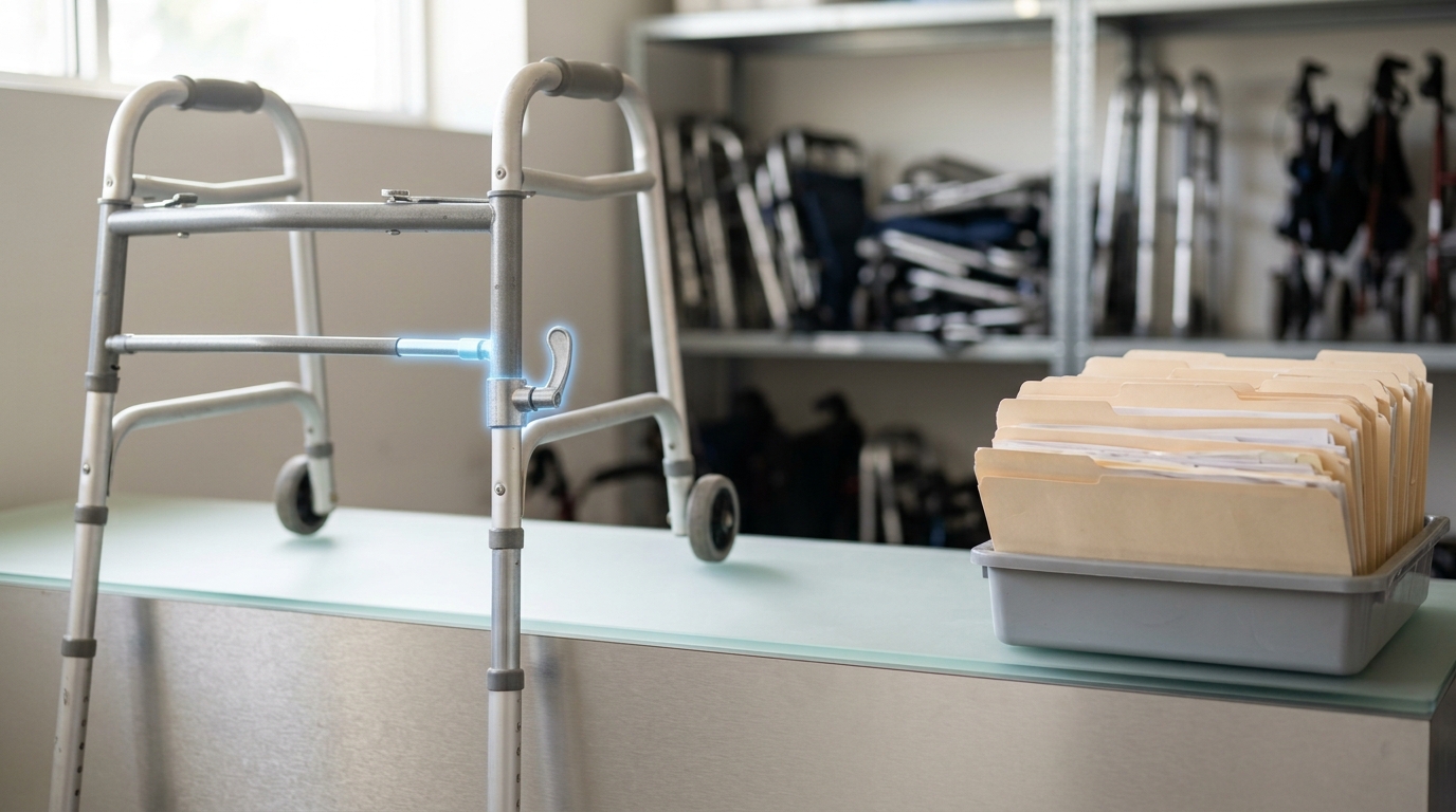 A geriatric-care intake counter with a mobility-aid fitting paused mid-adjustment beside a stacked pension-file tray