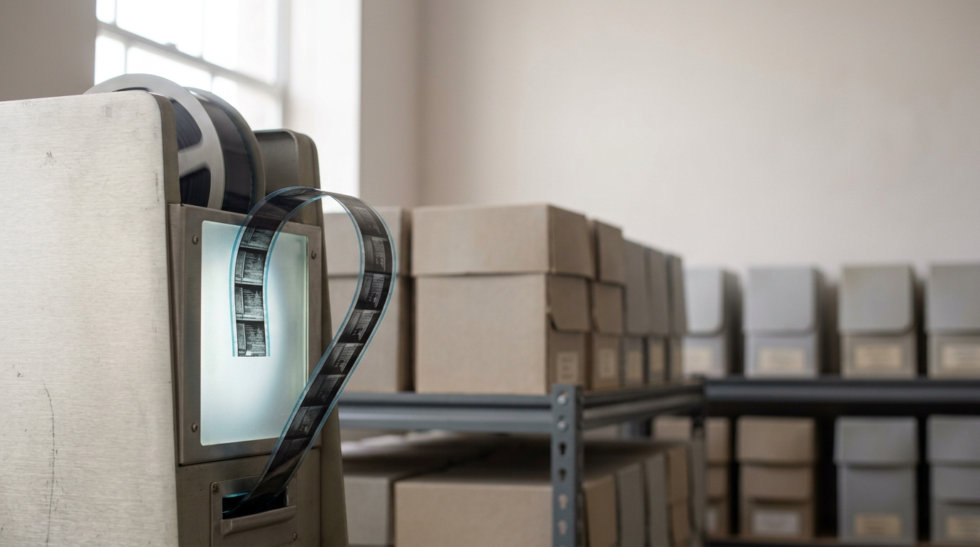 A vital-records microfiche scanner with a birth-certificate reel paused mid-feed under its lens