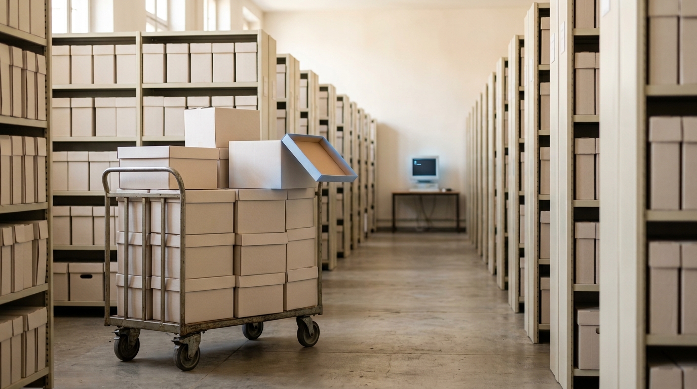A national population-register archive hall with a terminal mid-query and a cart of cohort record boxes paused between shelving rows
