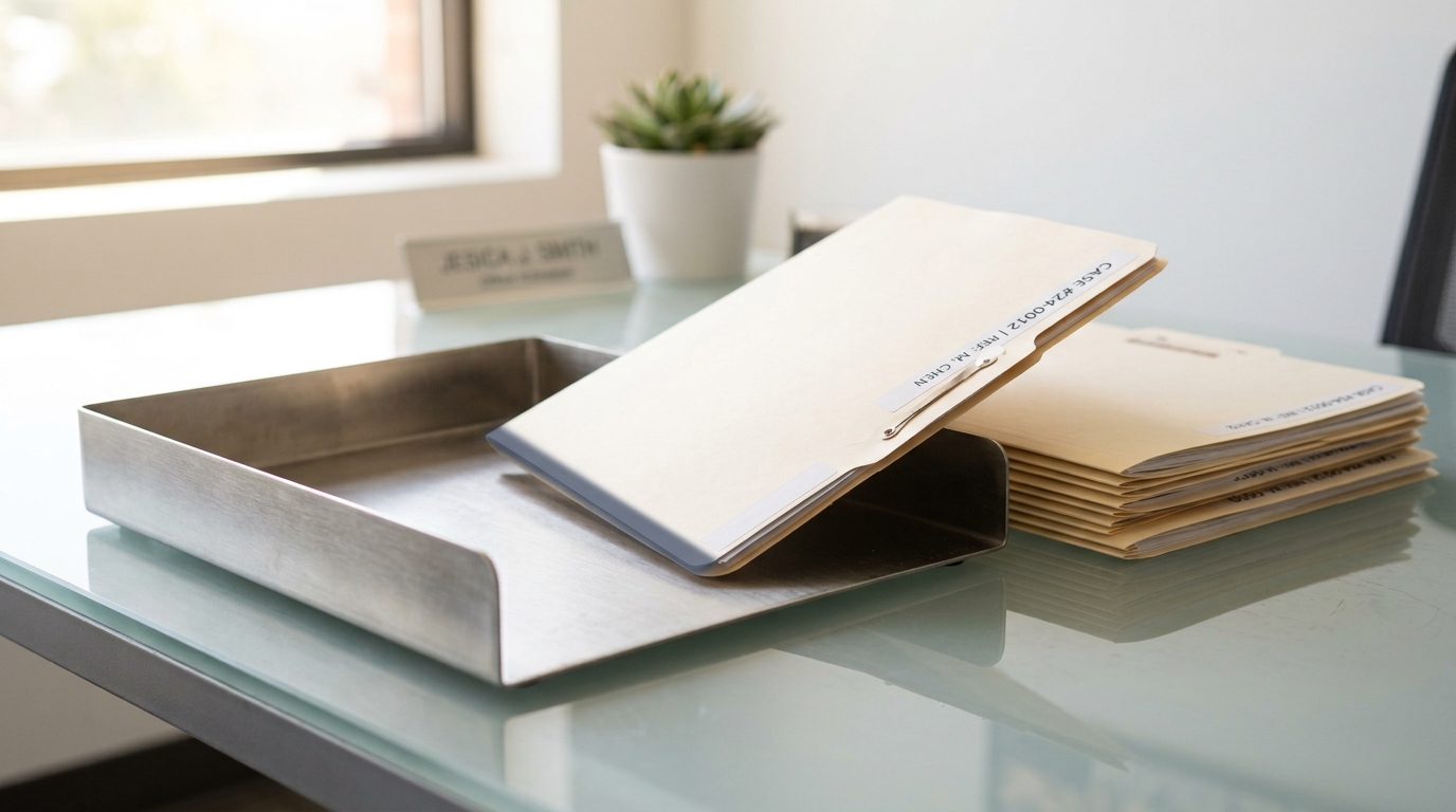 A resettlement caseworker's ledger desk with a flood-zone relocation folder half-slid out of a case queue tray