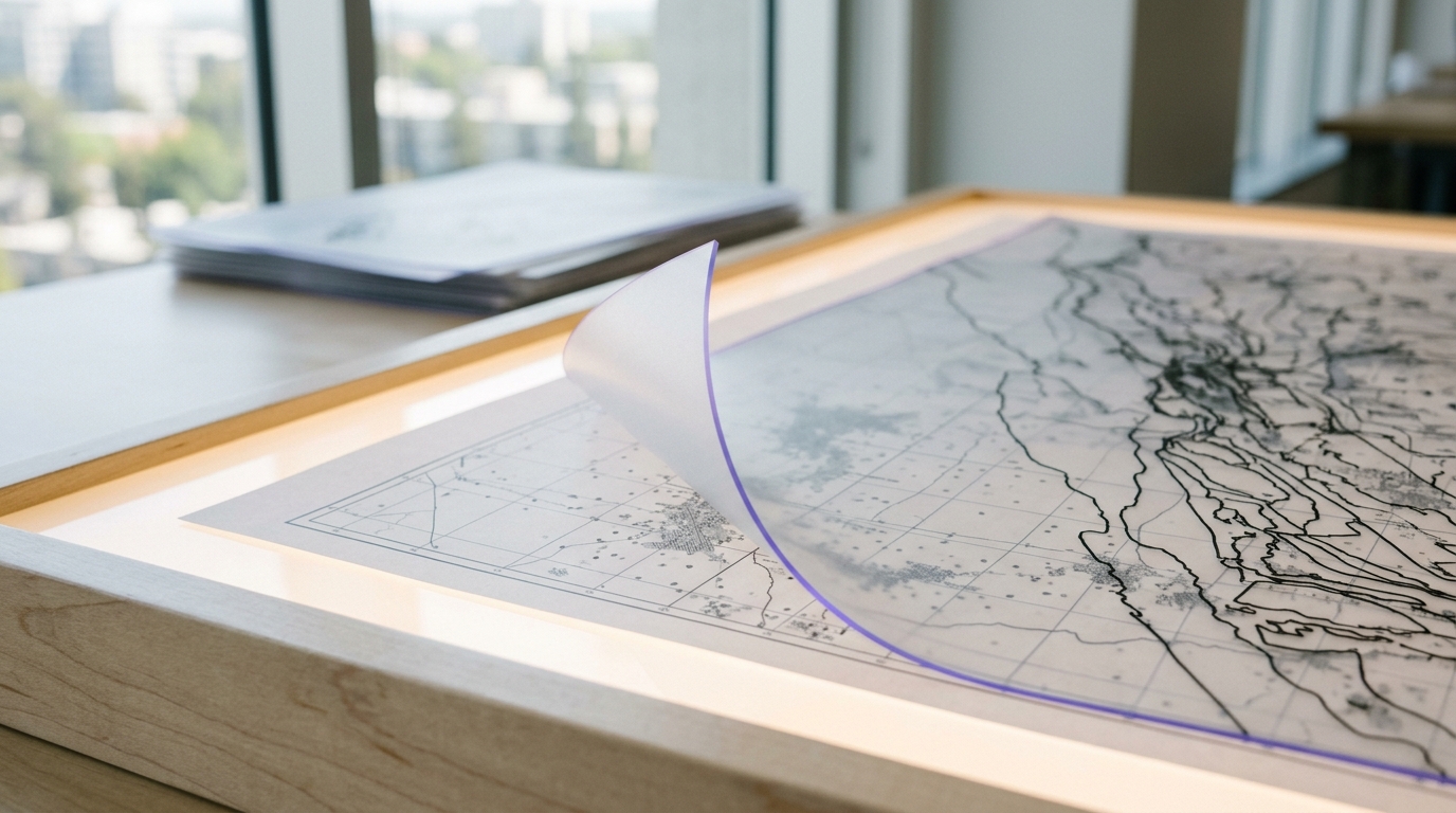 A printed hazard-exposure overlay sheet being laid over a population-density map on a light table, the overlay's corner still lifting