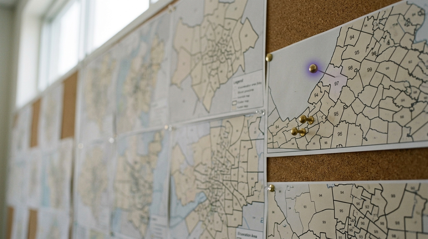 A wall of pinned enumeration-area cluster maps with coloured pins marking a two-stage sample selection, one pin mid-placement