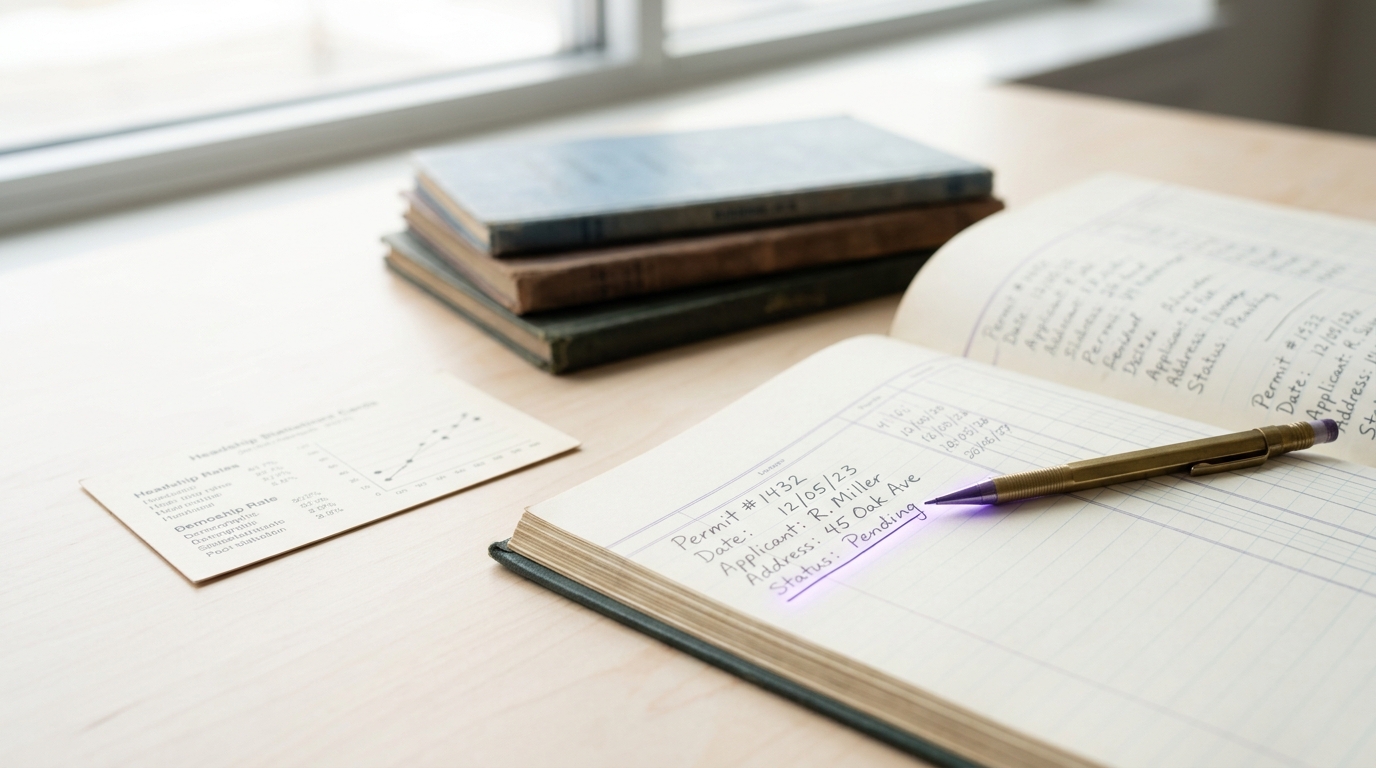 A housing-permit ledger and a headship-rate reference card laid side by side on a light table, one ledger line being underlined