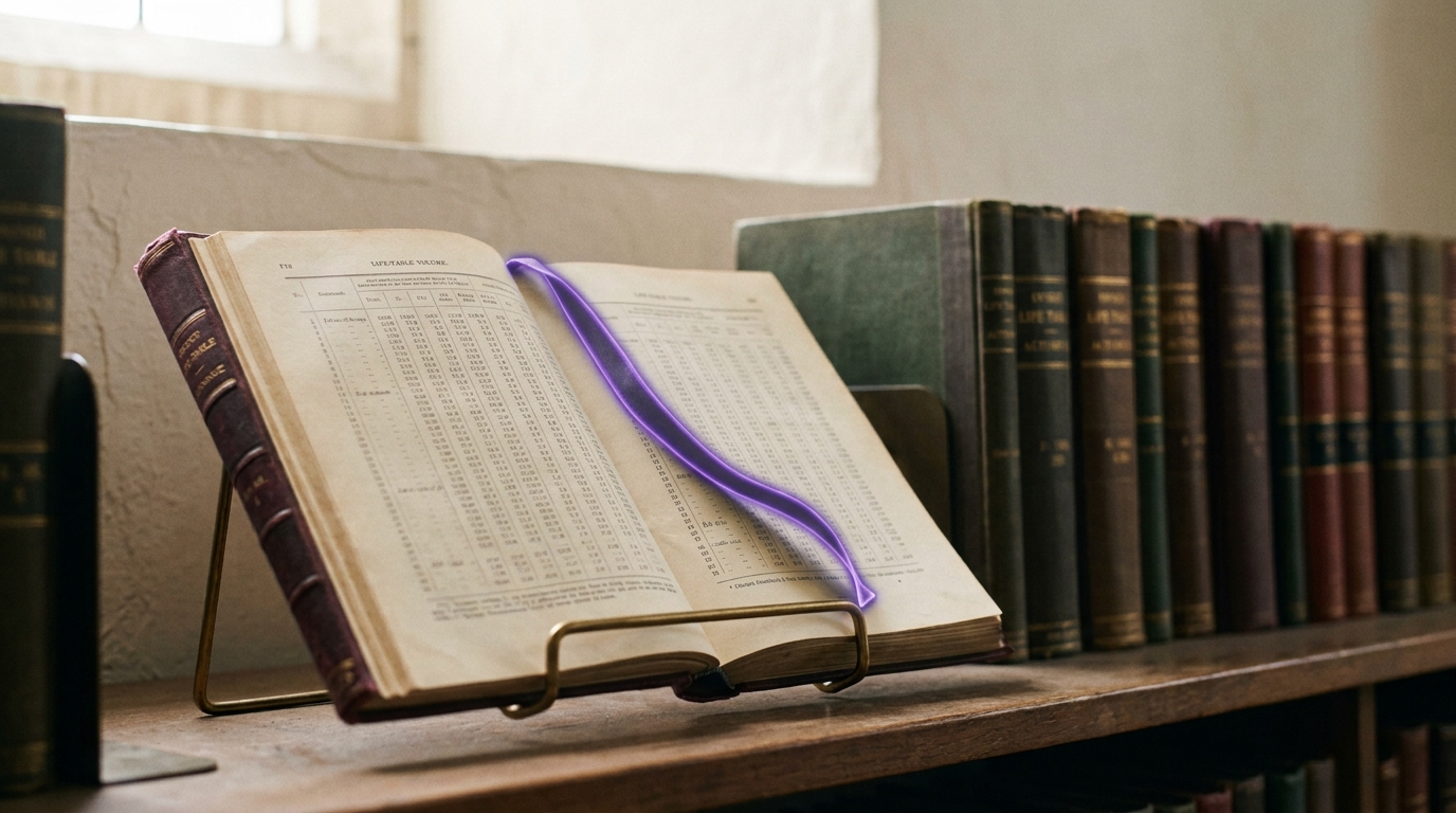 Printed life-table volumes on a shelf with one open to a mortality schedule, a bookmark ribbon still falling into place