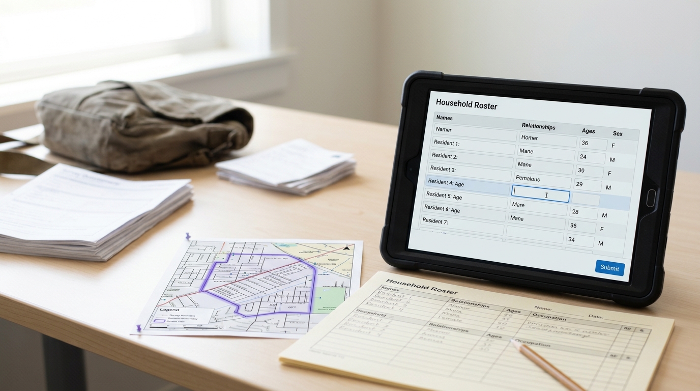 An enumerator's field kit on a table — a survey tablet mid-entry, a paper household roster, and a clipped cluster map, in a bright field office