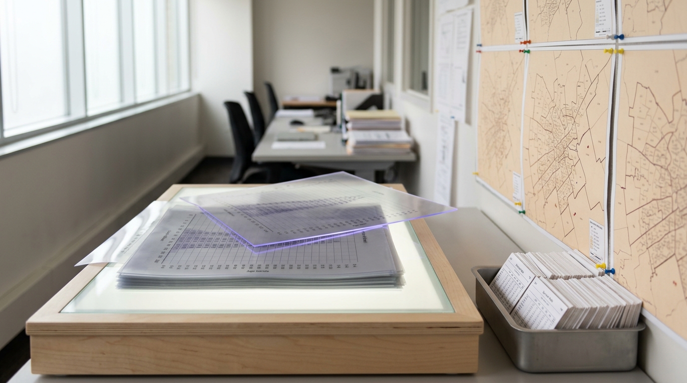 A wide demographic-methods workroom with a light table holding acetate cohort sheets, a wall of pinned enumeration-area maps, and a tray of survival-ratio cards, mid-update