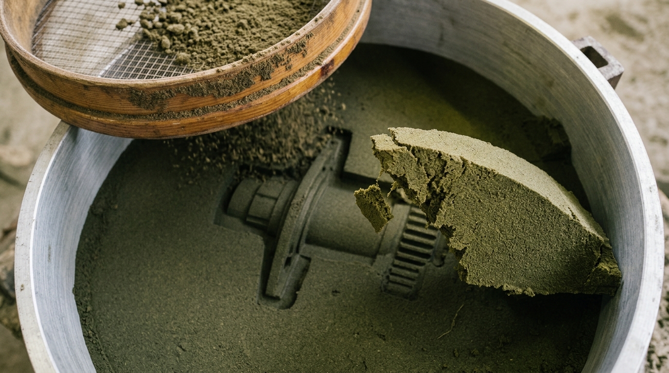 A struck sand mould face seen steeply from above with coarse grains falling from a riddle resting on the flask rim, one sharp moulded corner already crumbling while the broad flat areas stay clean