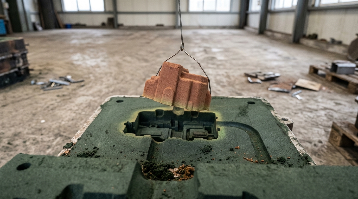 A sand core caught being lowered into a mould cavity on its prints, the hollow it will create not yet closed over