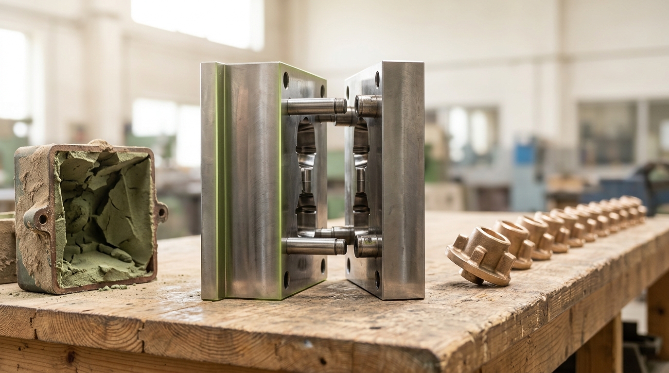 A heavy steel die standing part-closed on a bench with its guide pins engaged and the parting faces not yet met, a row of identical bronze parts receding along the bench beside one broken-open sand flask