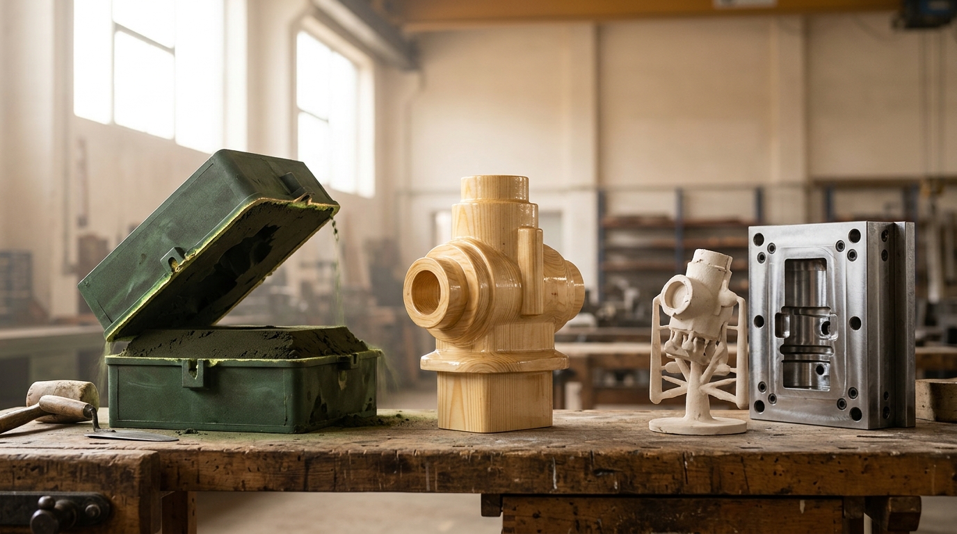 One master pattern on a bench with three different moulds set out around it — a sand flask, an investment shell, and a steel die — with the sand flask caught mid-closing