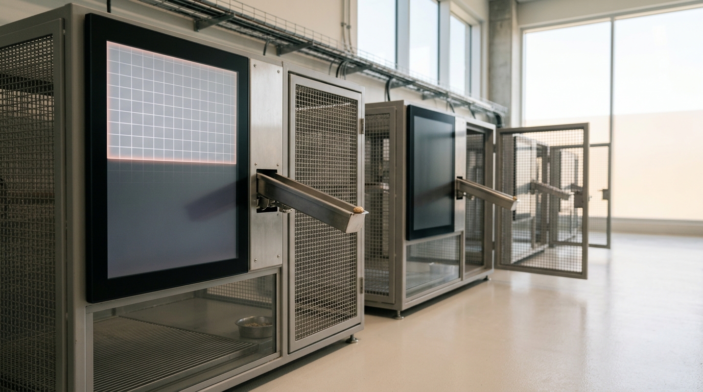 A row of empty touchscreen primate-cognition testing enclosures in a bright research facility, the nearest screen's calibration grid still fading to standby and its pellet-dispenser arm caught only halfway retracted
