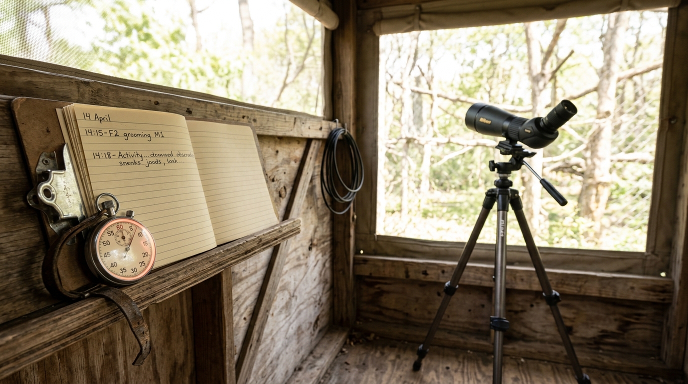 Inside a plywood-and-mesh grooming-network observation blind, a clipboard left open on its shelf with a stopwatch face mid-sweep and a spotting scope angled toward the mesh window, not yet resettled on target