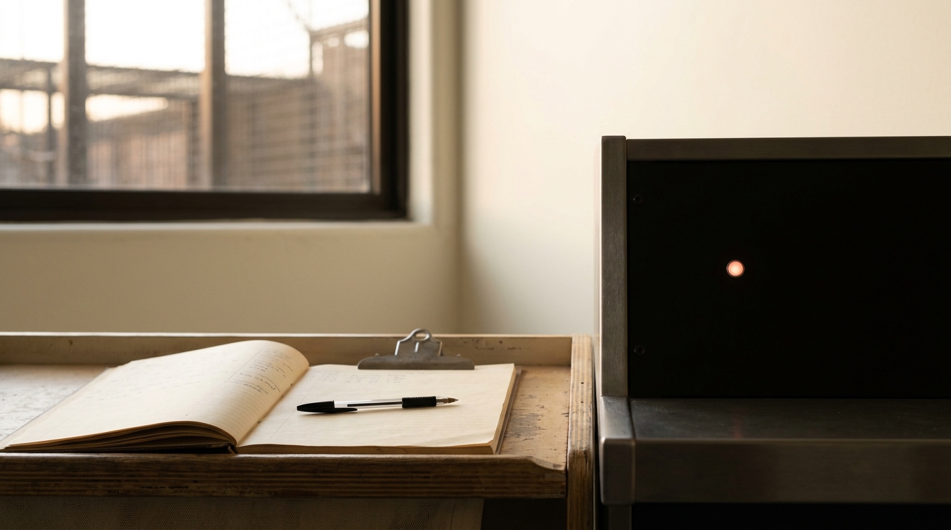 A scanning console and an observation blind's clipboard shelf seen together at the end of the working day, the console's standby light only just beginning to pulse and the ledger left open to a page that is not yet ruled off
