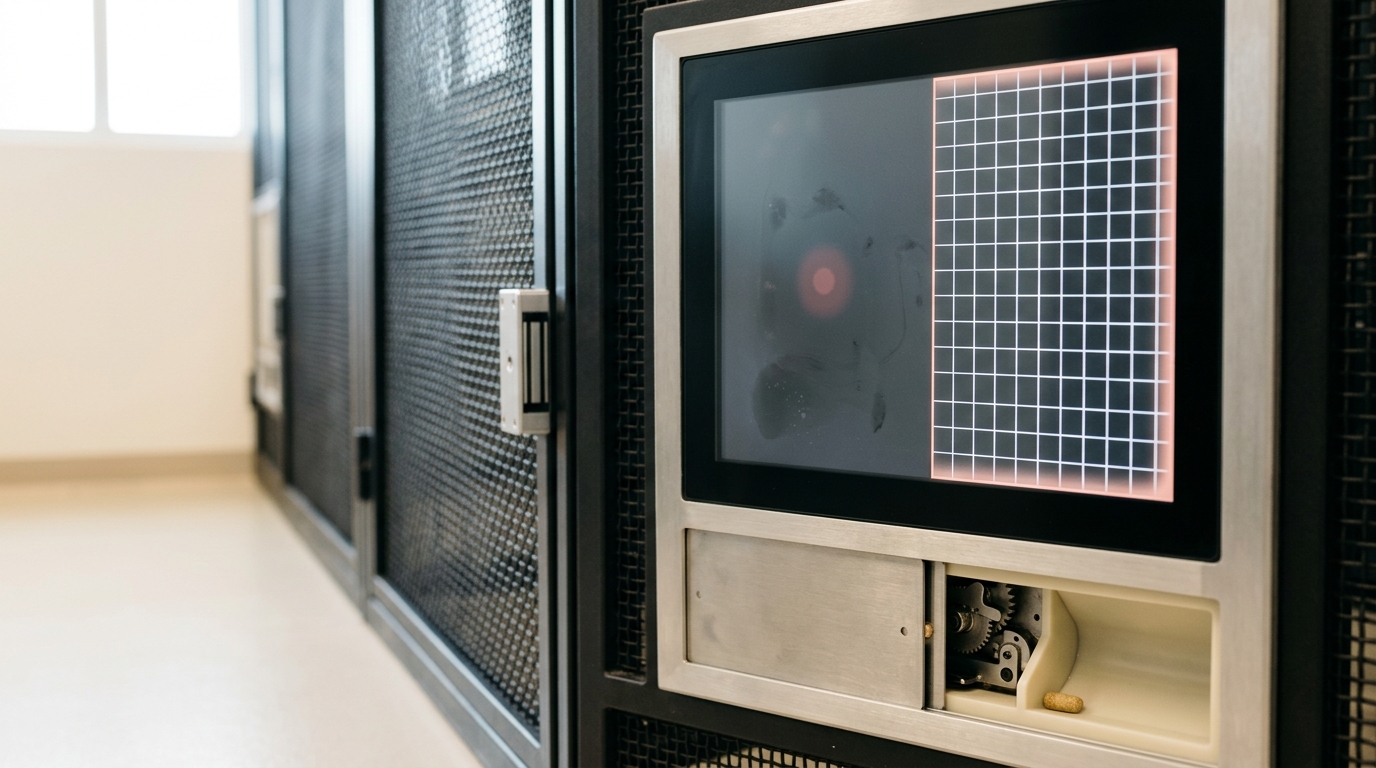 Close view of a single touchscreen testing-enclosure interior mid-reset, the display halfway through redrawing its start screen and the pellet-chute shutter only partly closed