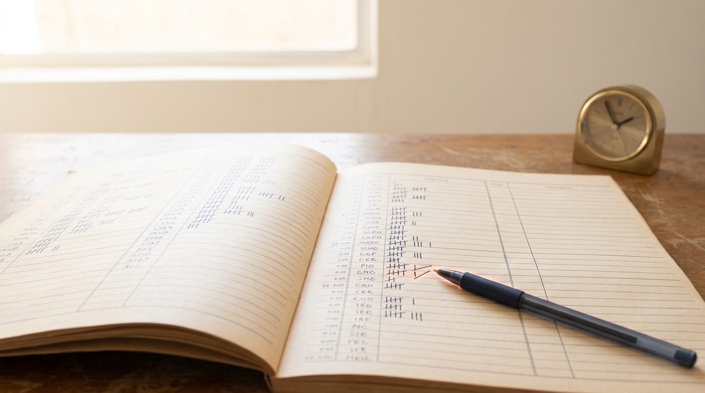 A coded social-interaction ledger open on a facility desk, its ruled timed columns half filled for the current hour with one tally mark caught only half drawn