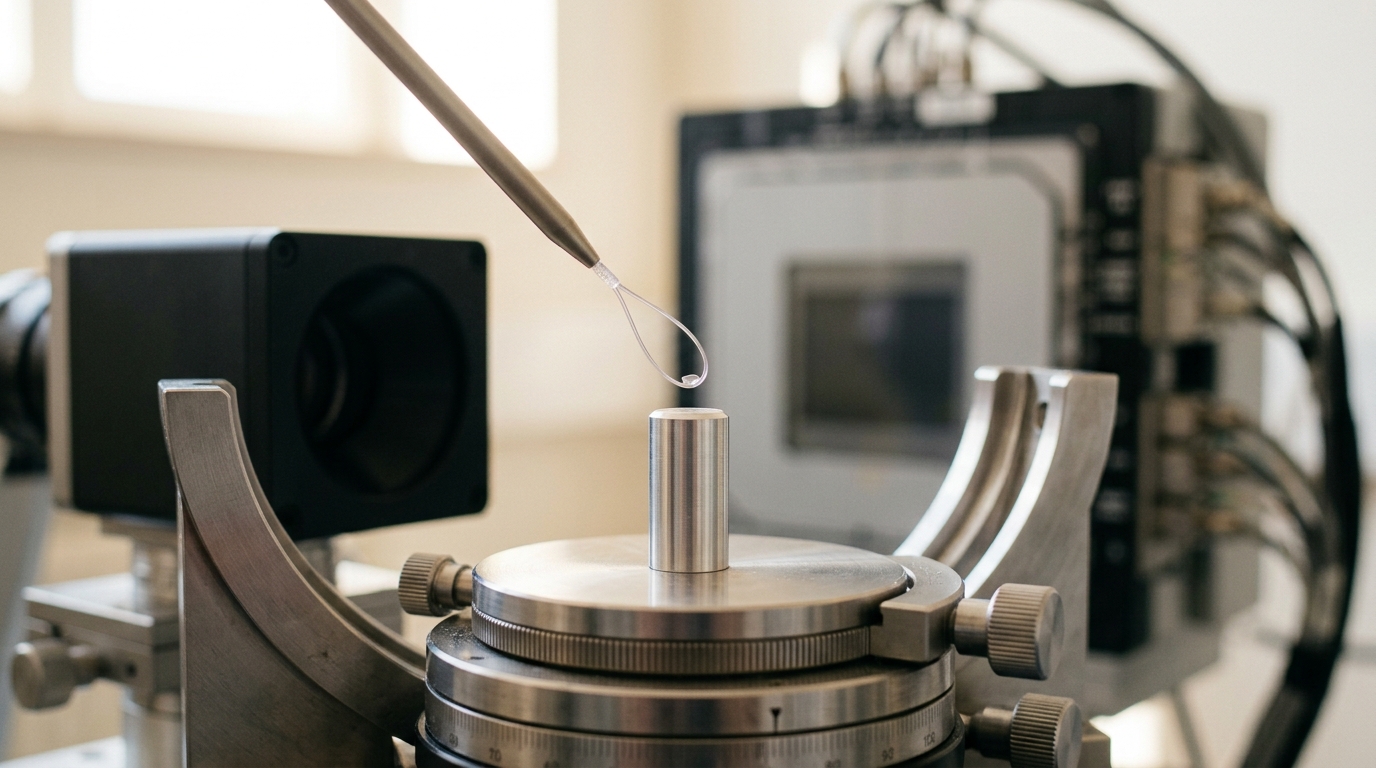 A cryo-loop holding a tiny crystal, held by a magnetic wand just above a goniometer's mounting pin, not yet seated on the pin