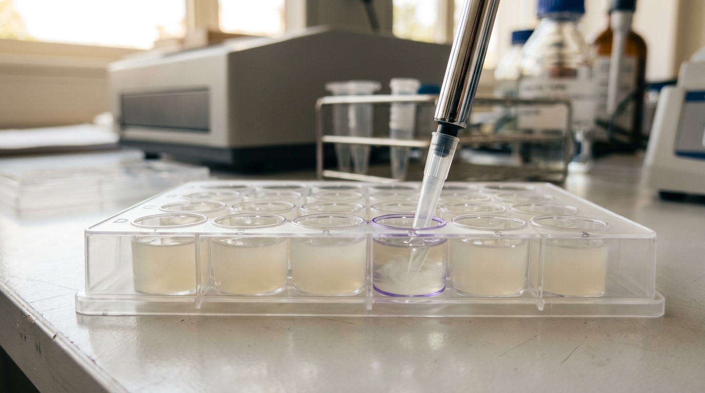 A clear-bottom assay well plate with several wells holding a visibly cloudy fibril suspension and one well, mid-pipette, turning clear