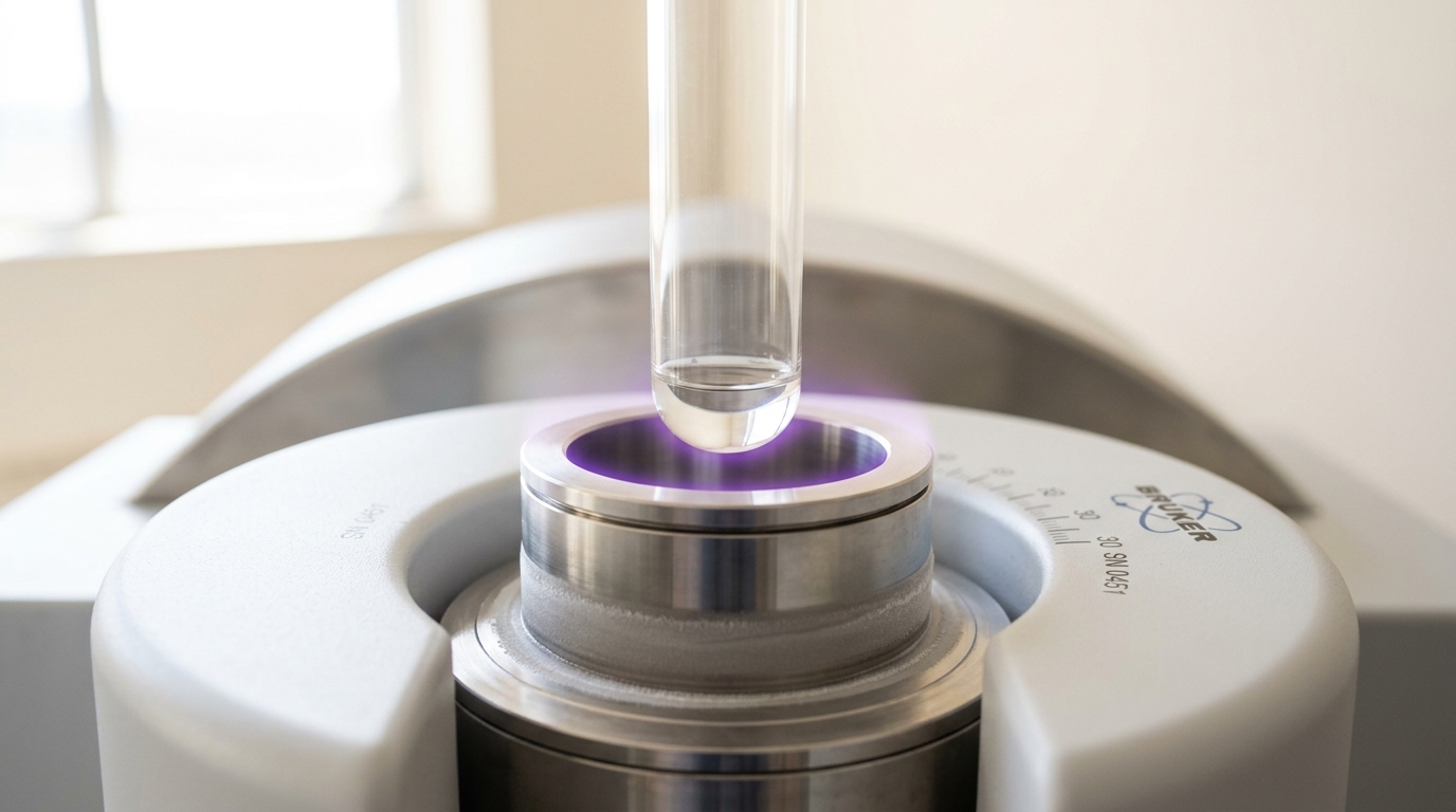 A thin NMR sample tube held just above the spinner turbine at the base of a magnet bore, not yet seated in the air-bearing socket