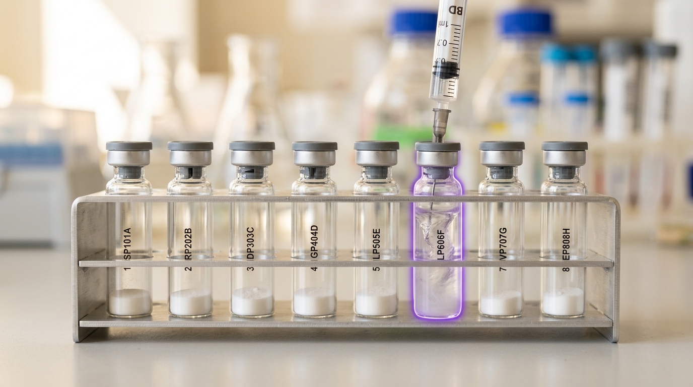 A rack of small lyophilized-peptide vials, most holding a visible white powder pellet, one vial mid-reconstitution with a syringe needle still inserted through its septum