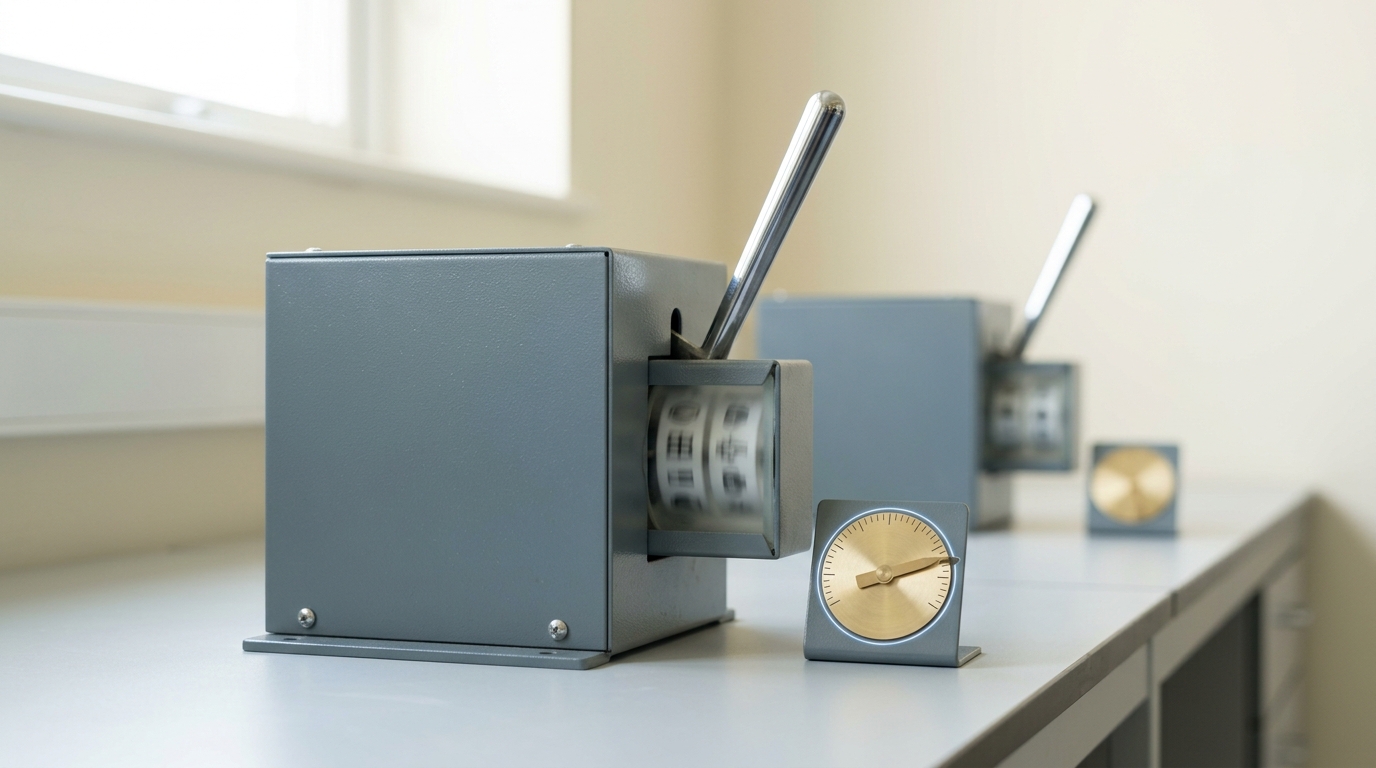 A one-armed-bandit lever rig adapted for a foraging task, its lever still rising from a pull and a small brass reference-point dial beside the payout window turned to an off-centre notch