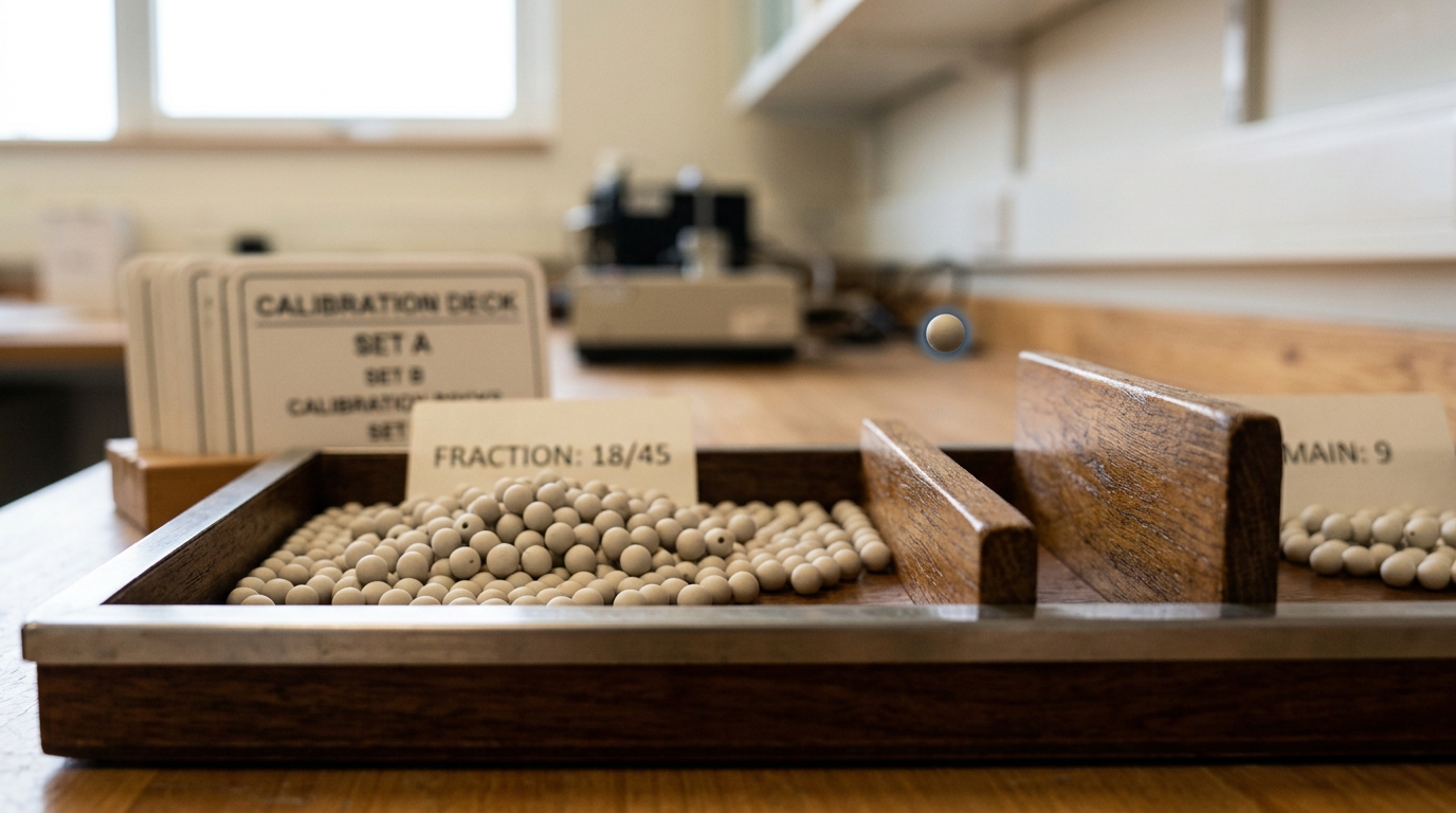 A shallow wooden sorting tray divided into labelled compartments holding small tally beads, one bead paused mid-drop between two unevenly filled compartments
