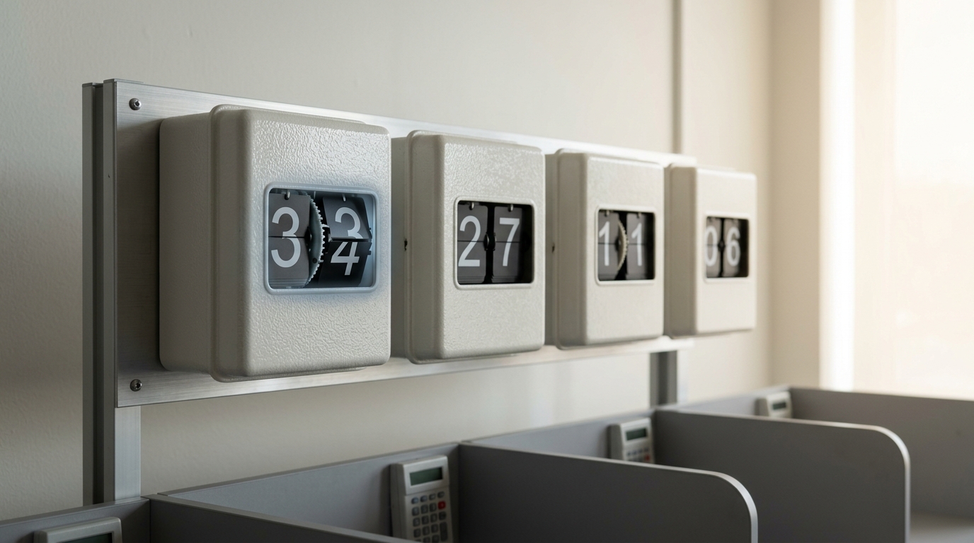 A bank of mechanical flip-counters mounted above a row of cubicles, one digit wheel caught mid-flip between two numerals while the counters beside it sit steady