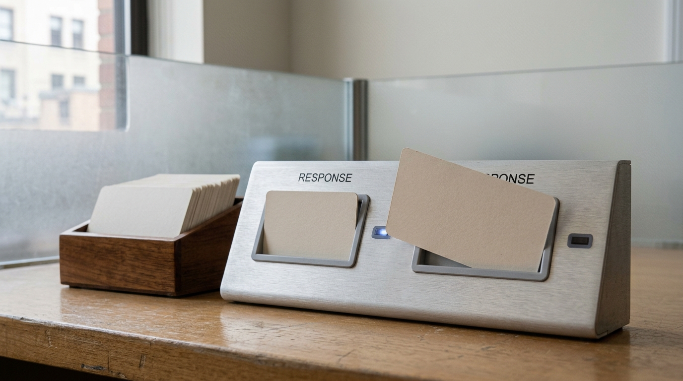 A paired-comparison response apparatus holding two blank name cards side by side, one seated fully in its lit slot and the other still partway out and unlit
