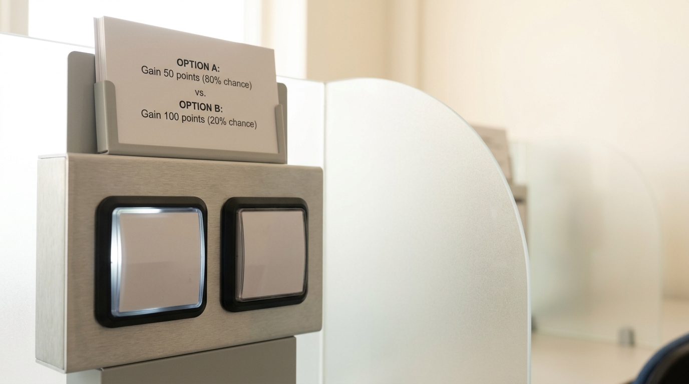 A response keypad in a choice-experiment cubicle with two large labelled buttons, one indicator light caught half-illuminated, a printed two-alternative question card propped above it