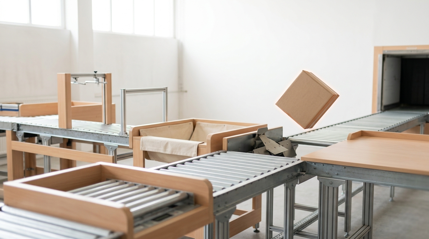 A plain kraft parcel travelling a roller conveyor through seven successive handling stations, caught airborne in the gap between the fifth and sixth