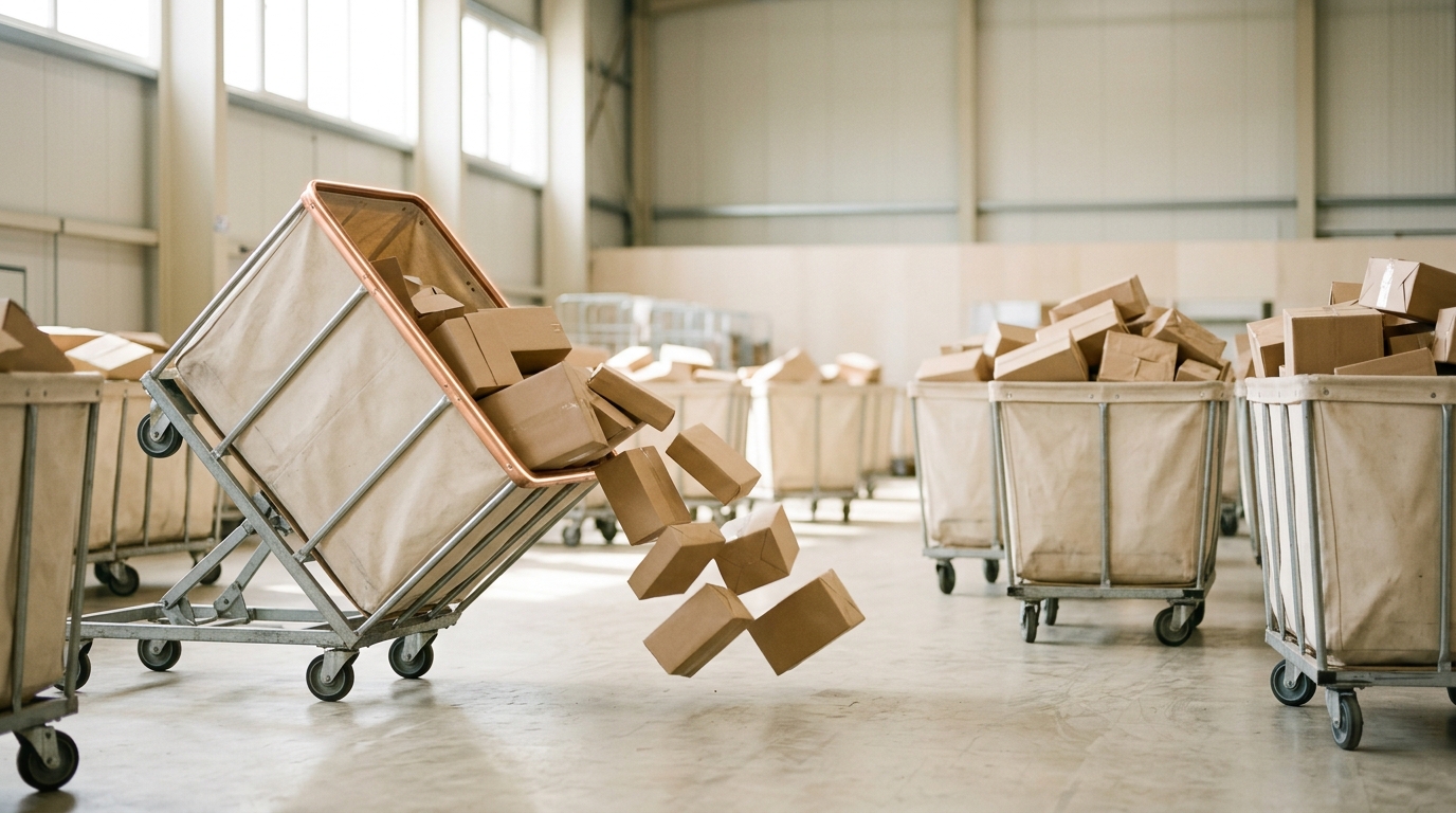 A floor of canvas sorting trolleys filled to visibly different depths, with one trolley caught tipping and its contents mid-slide