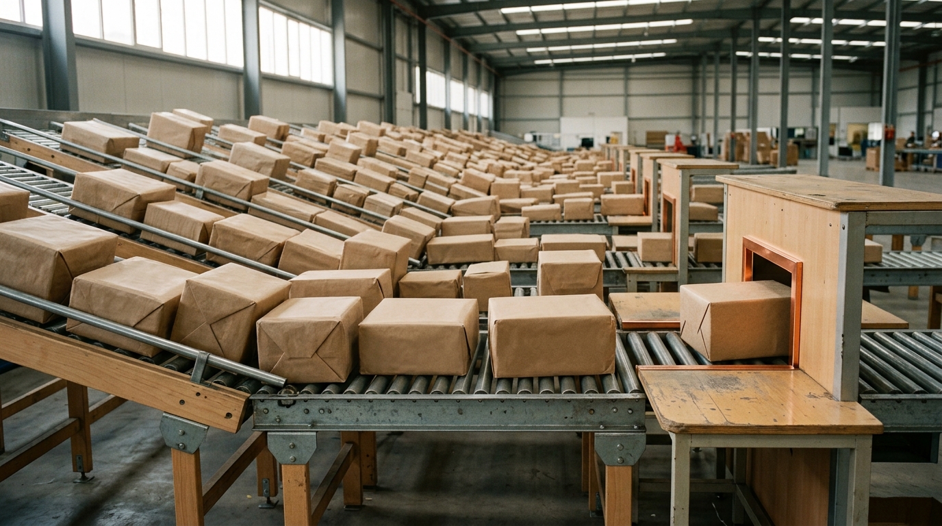 Twelve feed conveyors of kraft parcels converging on one manual check desk, every lane backed up and a single parcel passing through the desk's gate