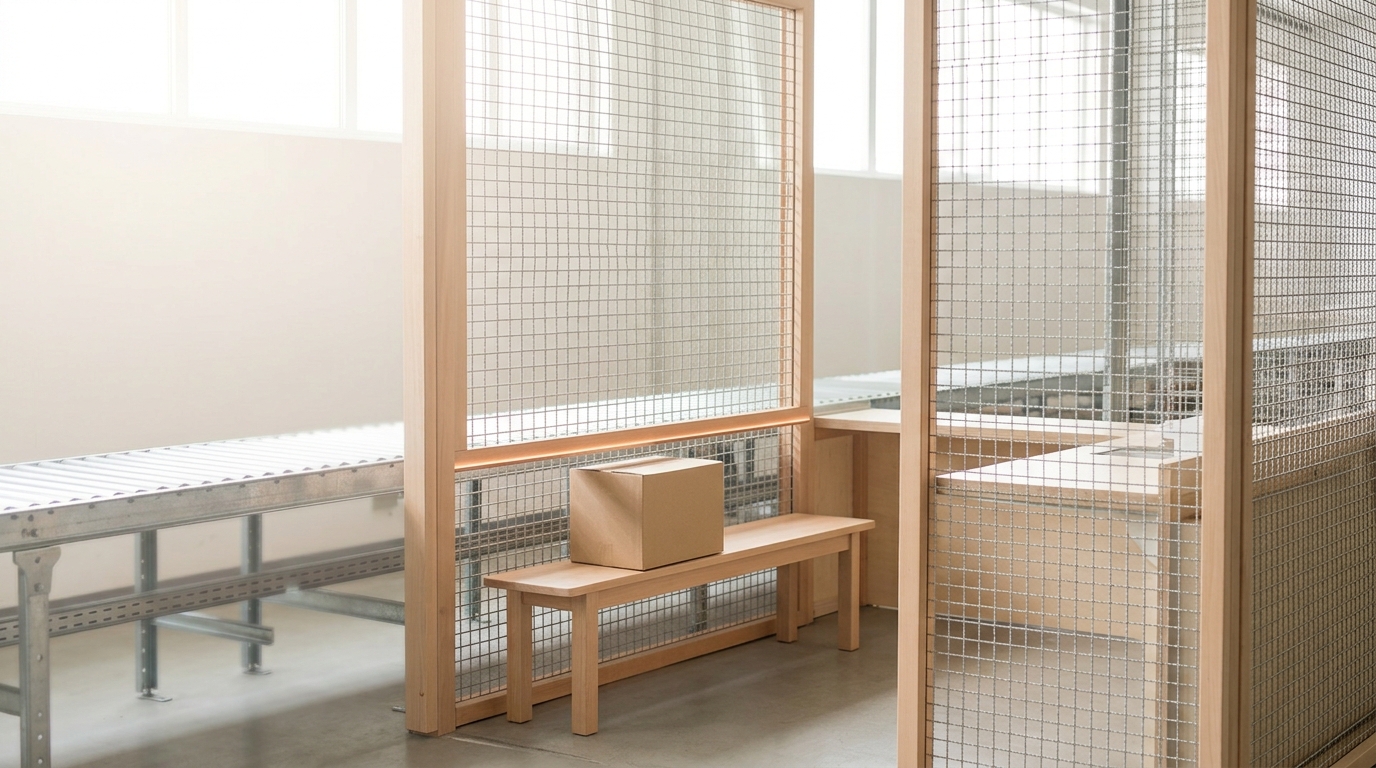 A wire-mesh screened bay off the main sorting line with its own short beech bench, one kraft parcel just inside and the counterweighted gate caught half-descended