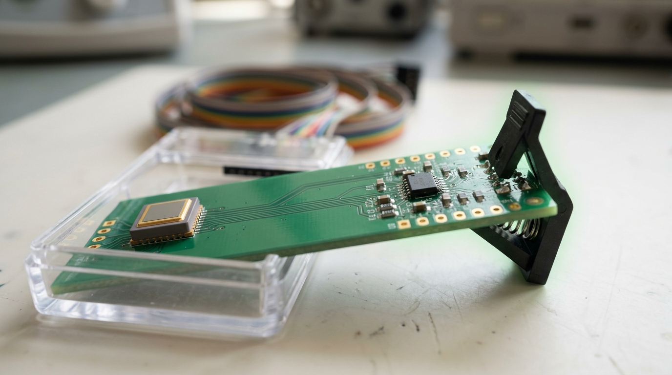 A sensor module's analog front-end PCB caught mid-lift off its housing, exposing a MEMS sensor package and a small conditioning and ADC chip wired to it by short copper traces