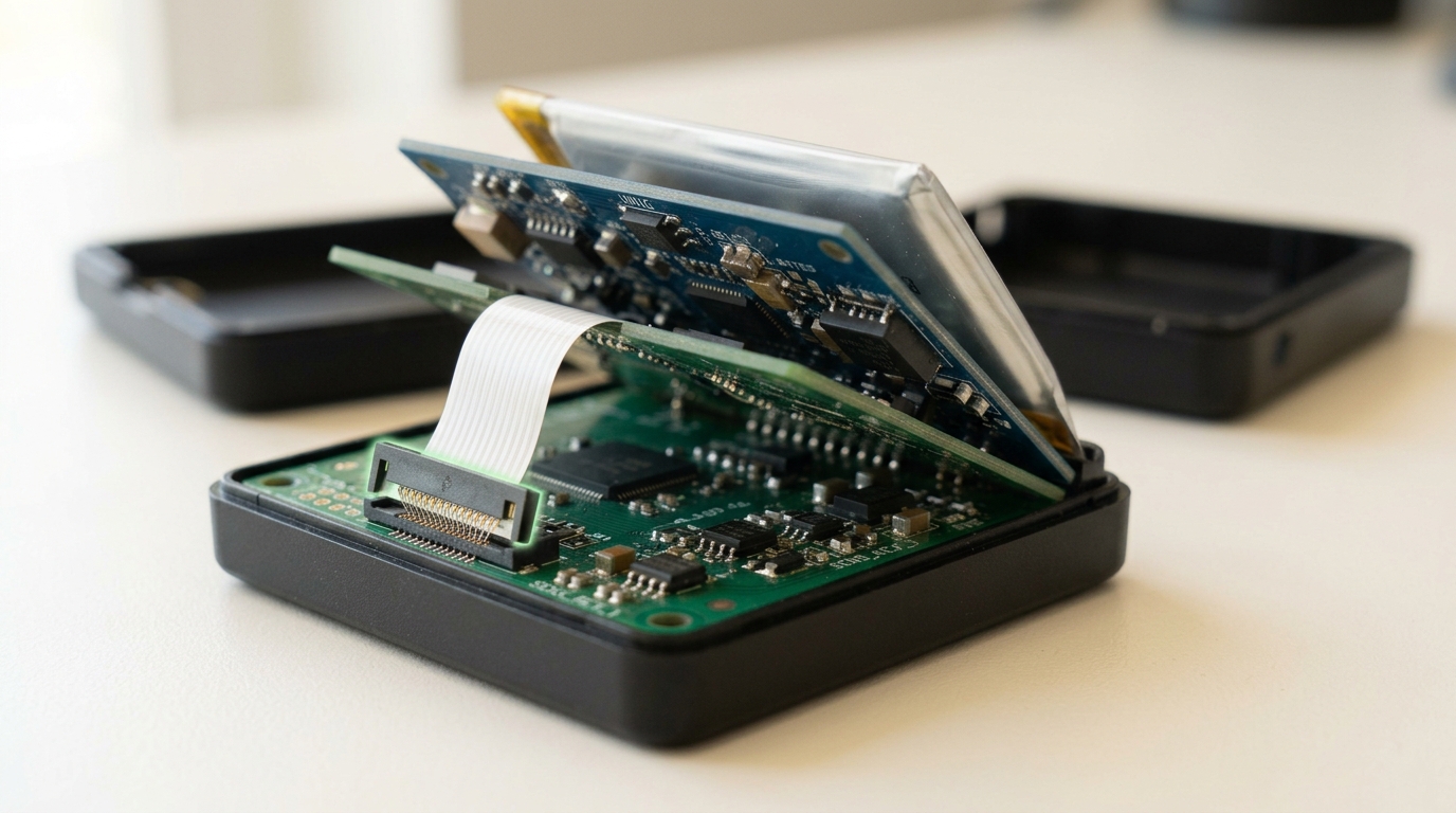 A battery-powered edge device cut open with its pouch battery, power-management board, and sensor board fanned apart to show the layered stack, one connector still joined between two layers