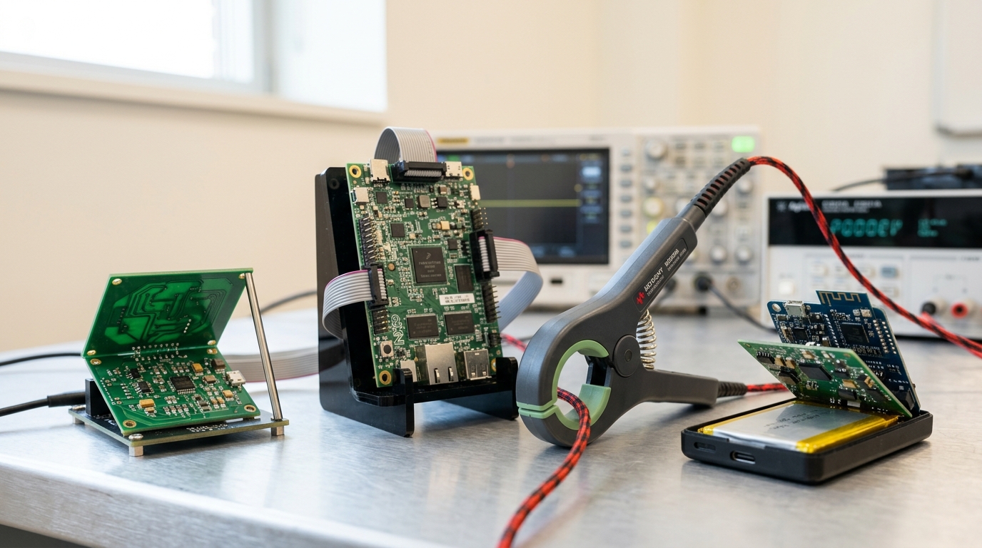 An edge-device demonstration bench with a sensor module's analog front-end board propped open, a processor development board wired into a power-measurement rig, and a cutaway battery-powered device laid out in a row