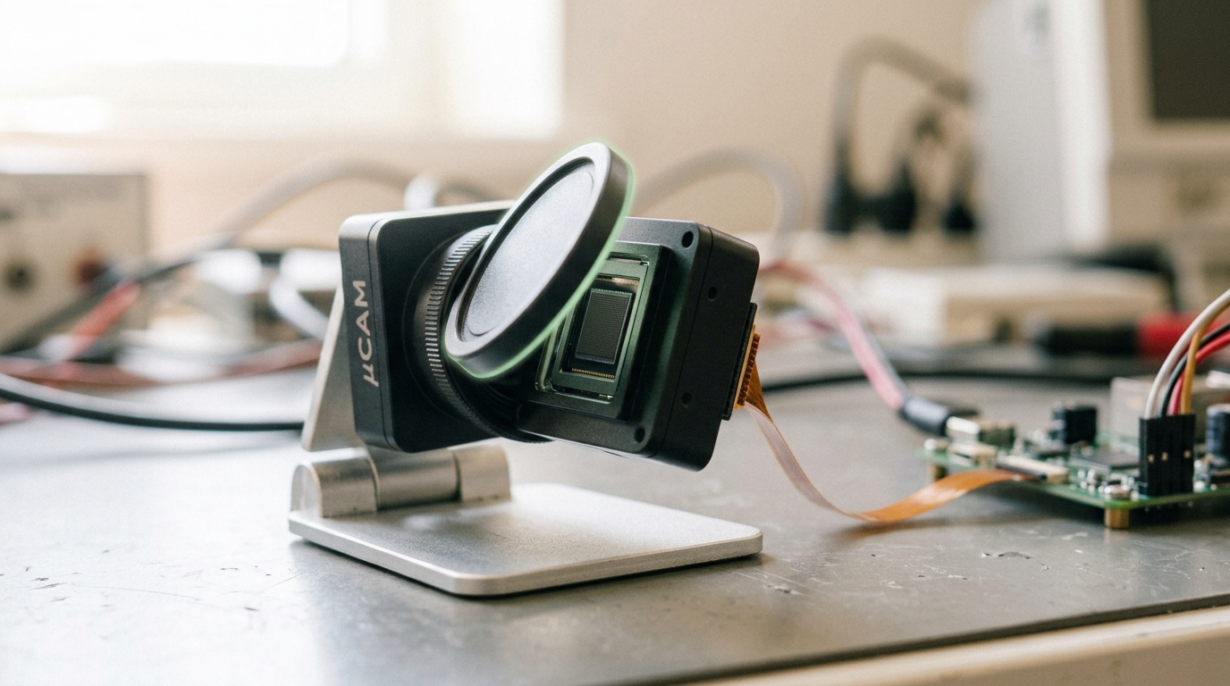 A small event-camera sensor module resting on the bench with its lens cap caught half off, the bare pixel array just catching light while a ribbon cable trails to a nearby interface board